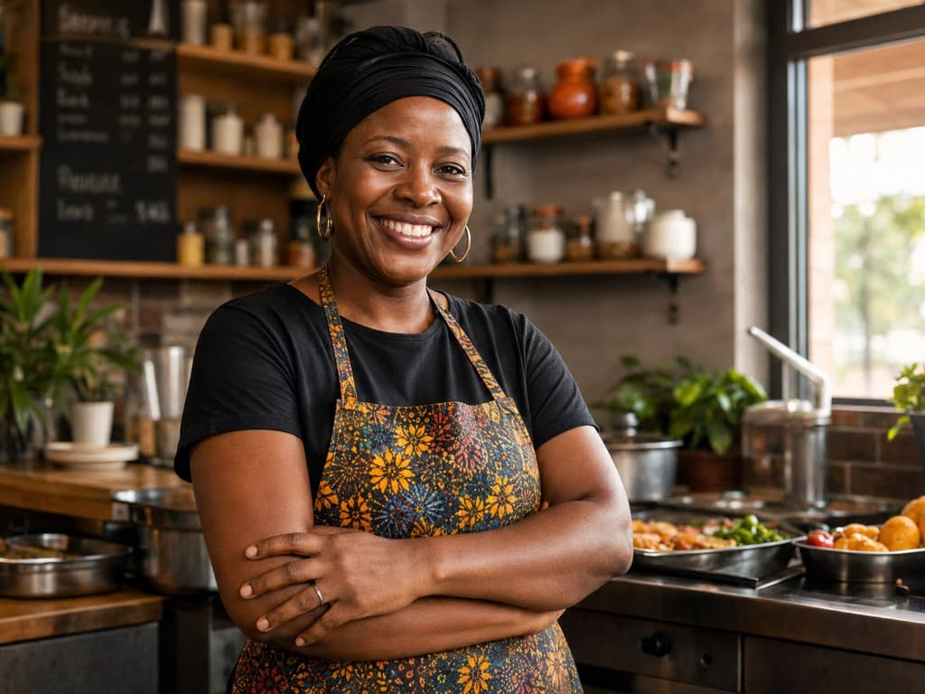 Lojista afro sorrindo em seu restaurante