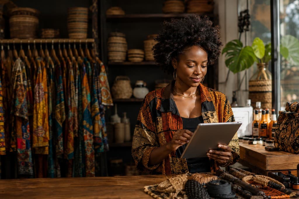 Lojista afro organizando pedidos em sua loja