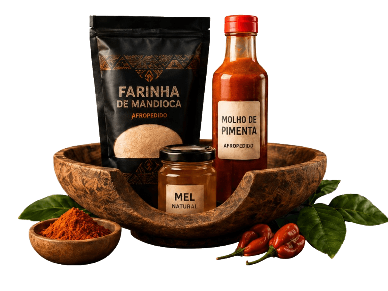 Produtos afro — farinha de mandioca, mel natural e molho de pimenta